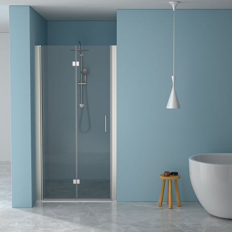 Fold Frameless Shower Door With Tempered Glass - Brushed Silver