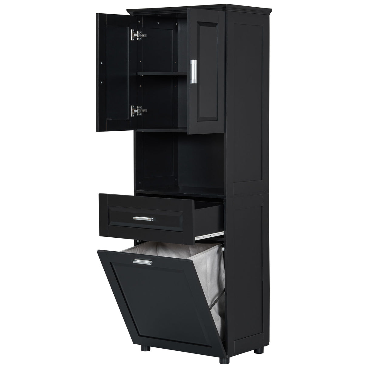 Tall Bathroom Cabinet With Tilt-Out Laundry Basket And Upper Storage
