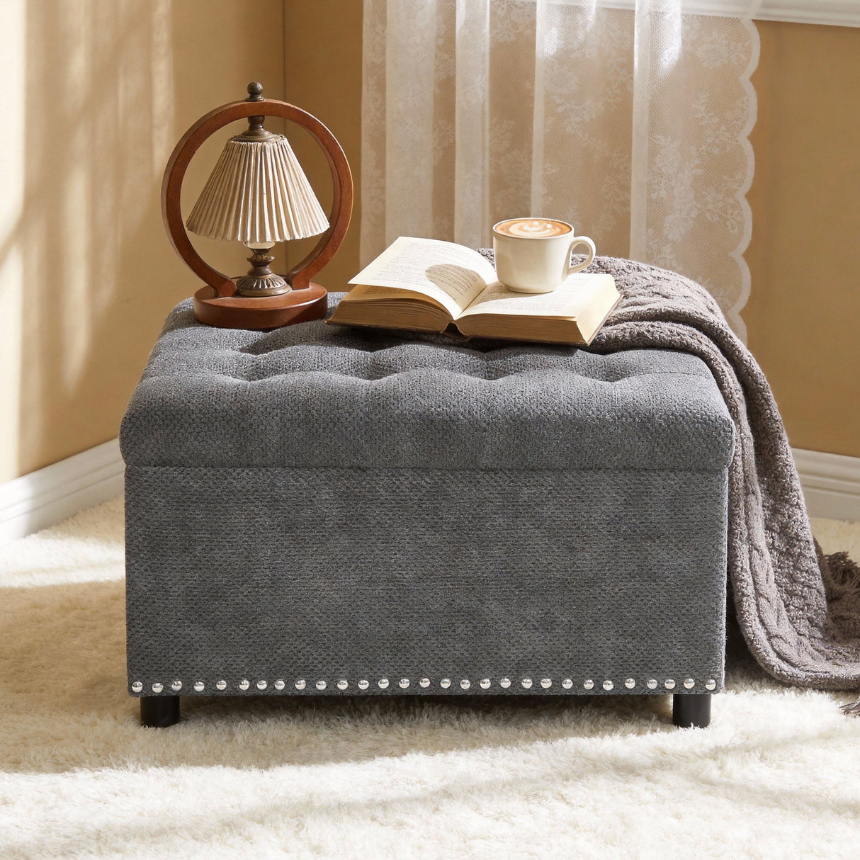 Square Tufted Storage Ottoman With Nailhead Trim