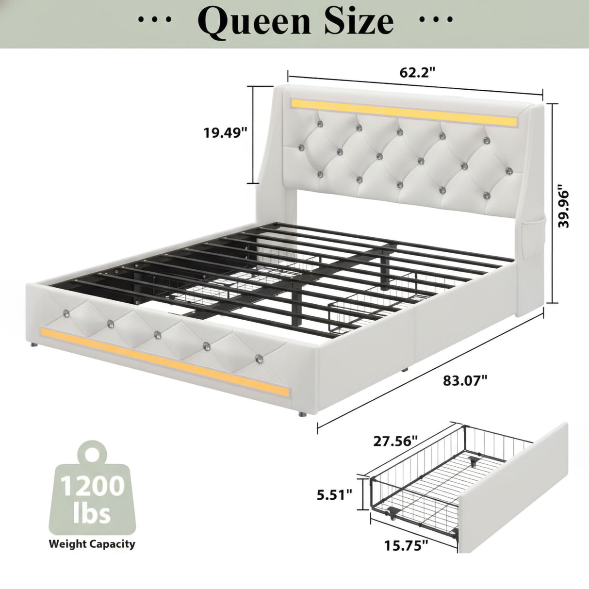 Wingback Upholstered Bed Frame With LED Lights, Charging Station