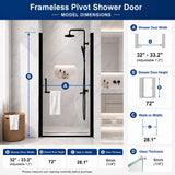 Semi-Frameless Pivot Shower Door With Adjustable Width, Reversible Installation