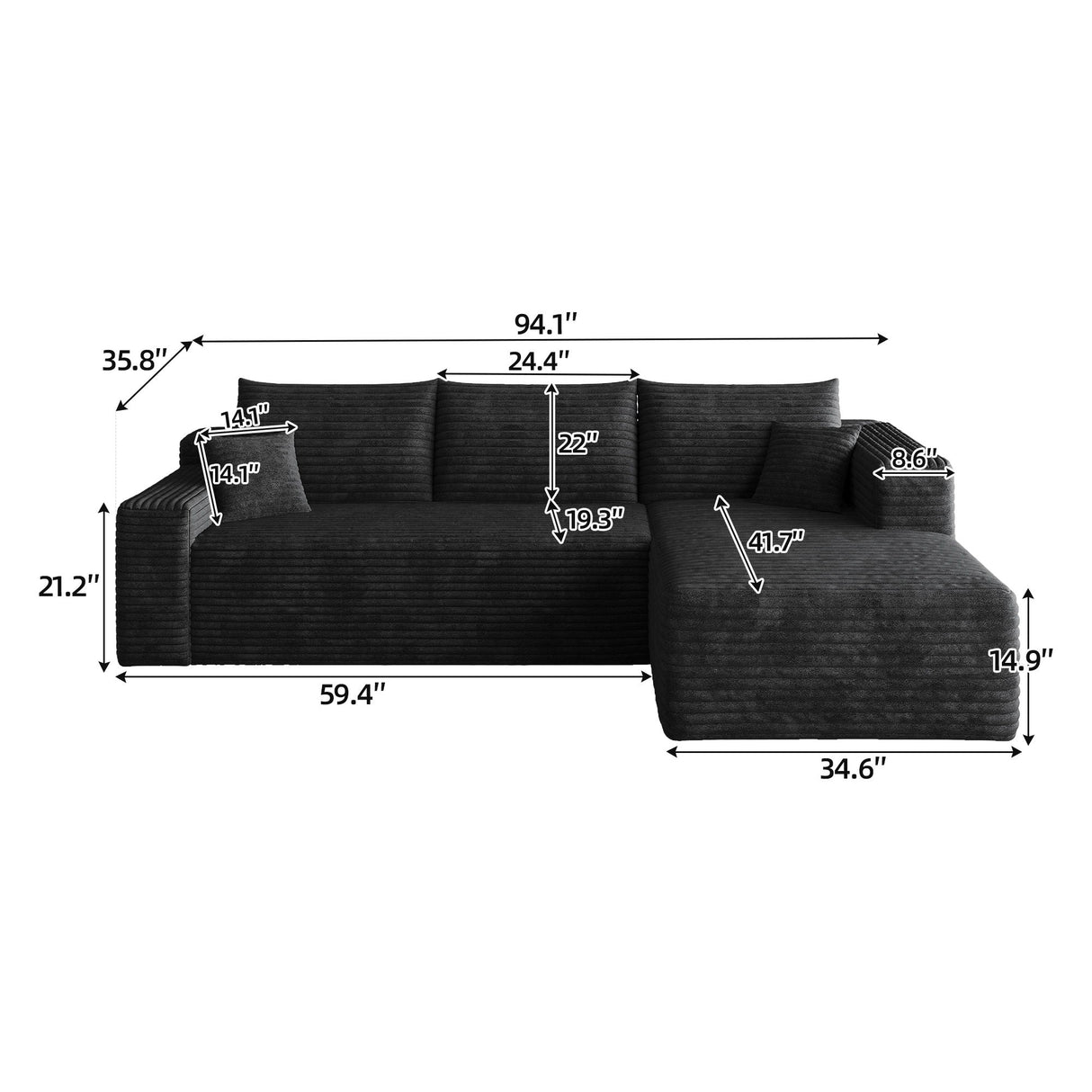 Cloud Sectional Sofa, Comfort U-Shaped Sofa For Living Room - Black