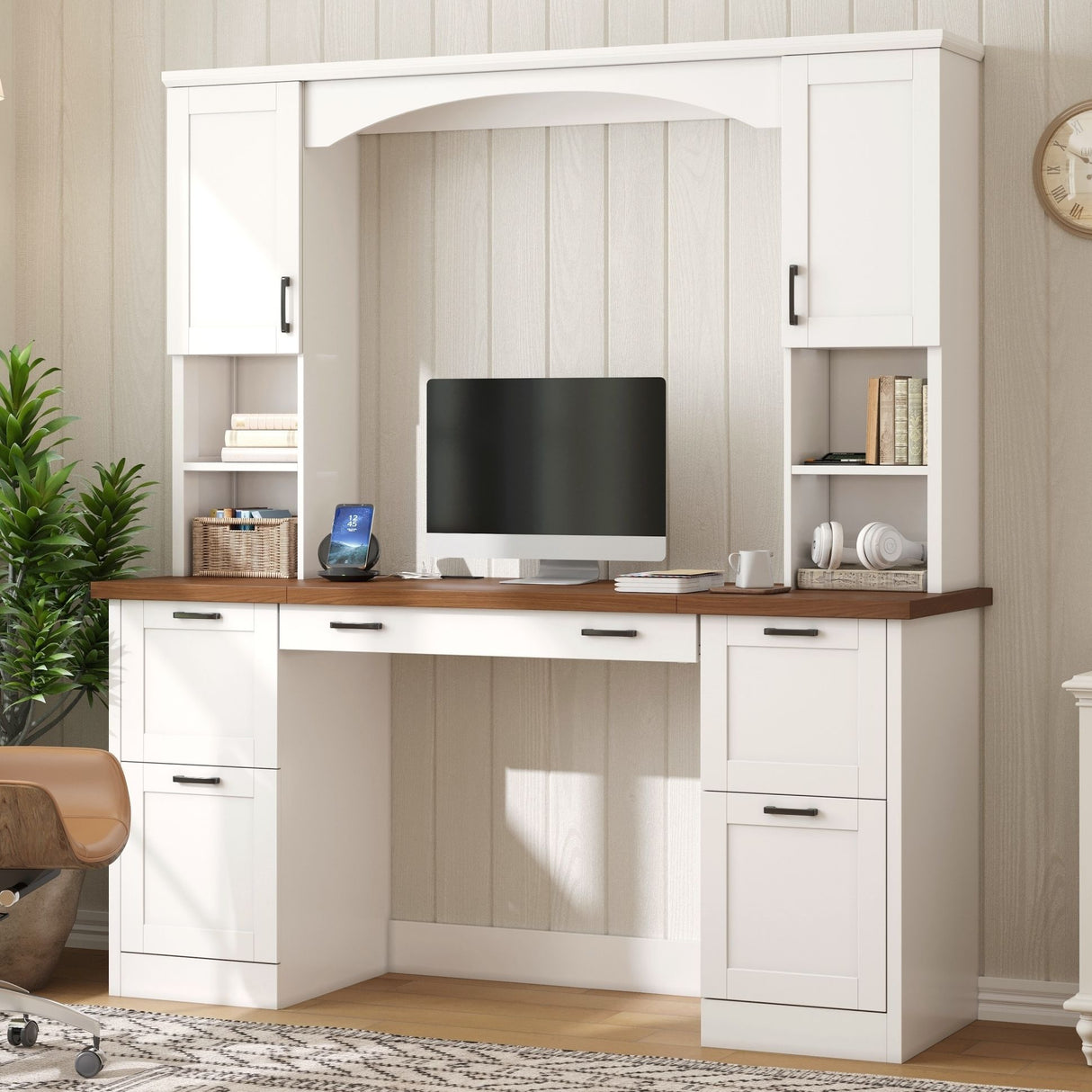 Farmhouse Computer Desk With Hutch