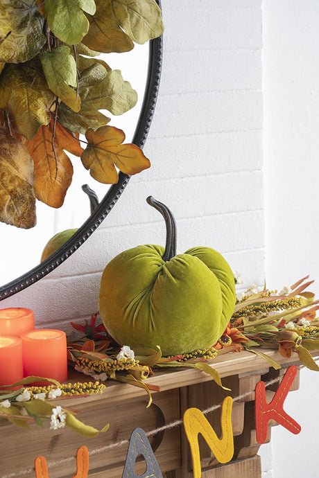 Velvet Weighted Pumpkin With Resin Stem Apple, Pumpkin Ornament Decor For Holiday Harvest Festival Fall Festival & Thanksgiving (Set of 2) - Green