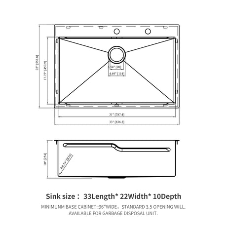 33" Drop In Kitchen Sink With Ledge Workstation, Single Bowl, 16 Gauge Stainless Steel - Black / Gray