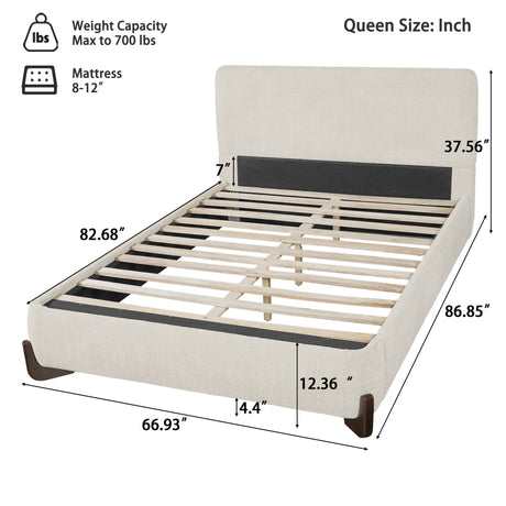 Queen Size Upholstered Bed With Slat Support - Beige