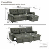 Convertible L - Sectional Sofa Bed With Storage Chaise And Padded Armrests