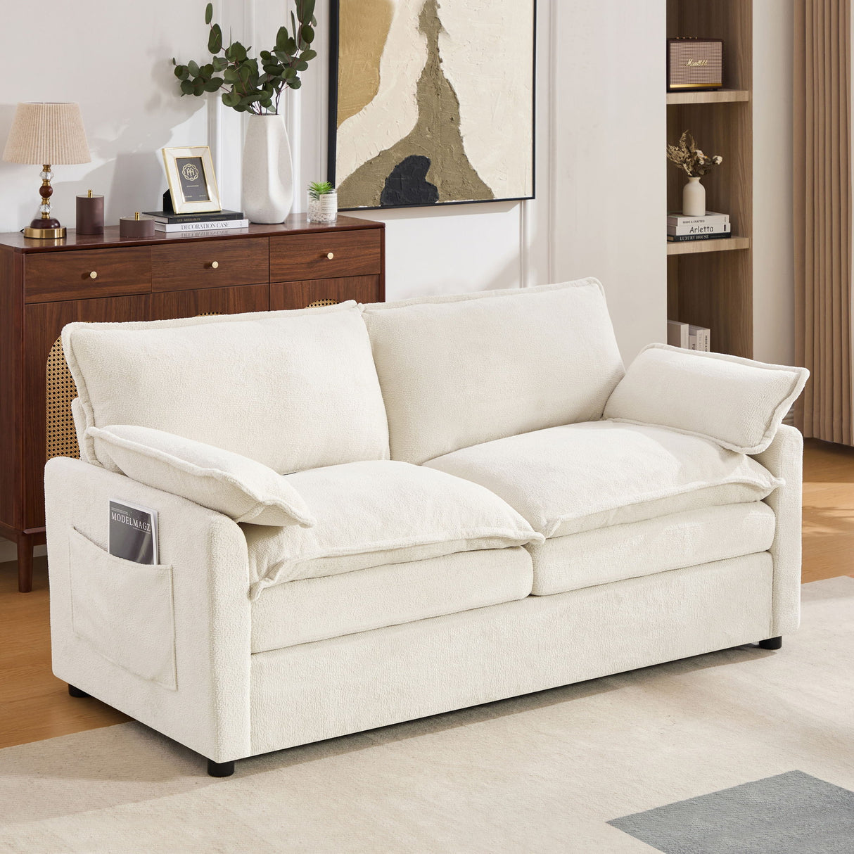 Modern Loveseat Sofa, Upholstered Couch With Side Storage Pockets