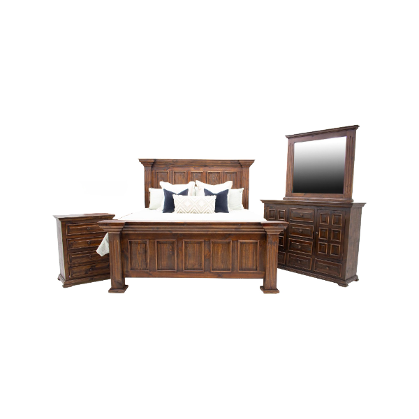 Chalet Walnut Queen Panel Bed Dresser Mirror & 4 Drawer Nightstand - 3721QHPW+3721QRW+3721QFW+3700DW+3722MW+3702N4W