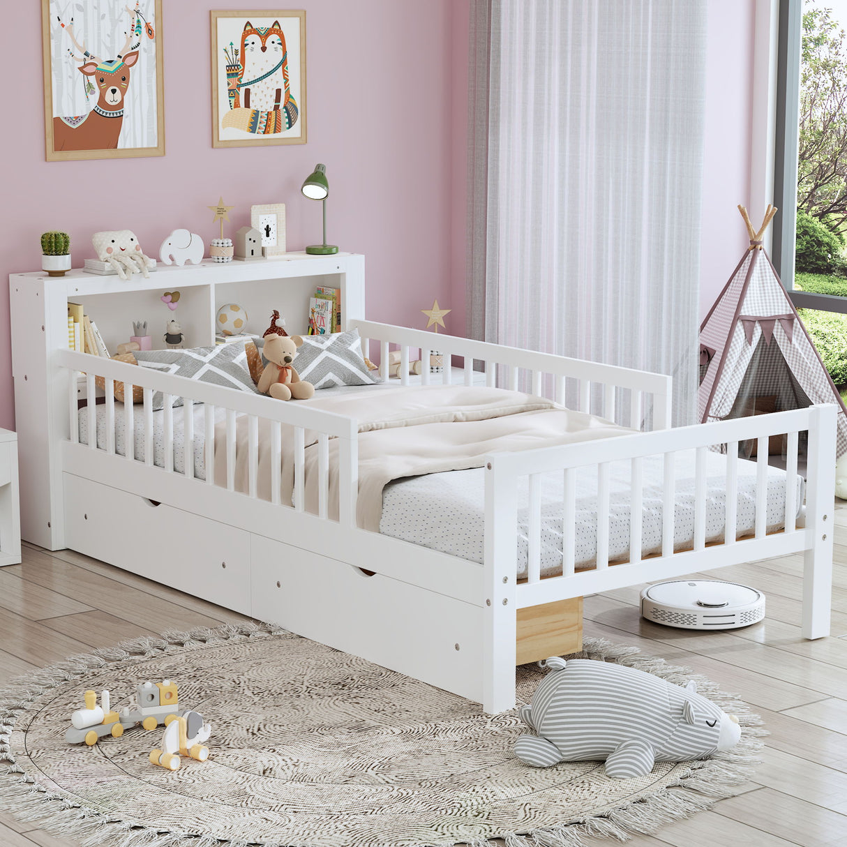 Bed With Headboard Storage Rack, 2 Under Bed Drawers, 3 Side Guardrails For Safety