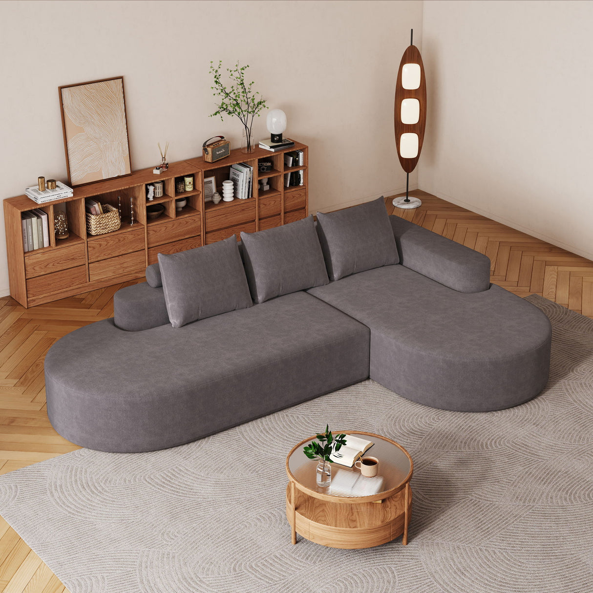 Modern Curved Sofa, L-Shaped Modular Sectional Set With 3 Pillows