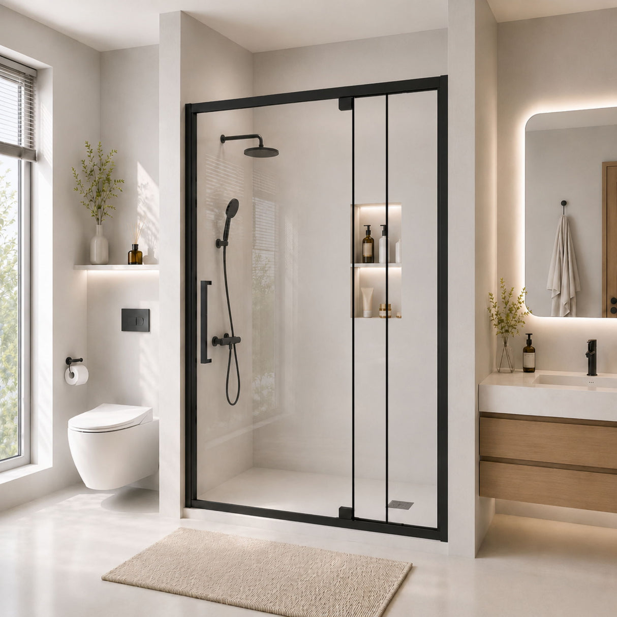 Semi-Frameless Pivot Hinged Shower Door, Reversible Design