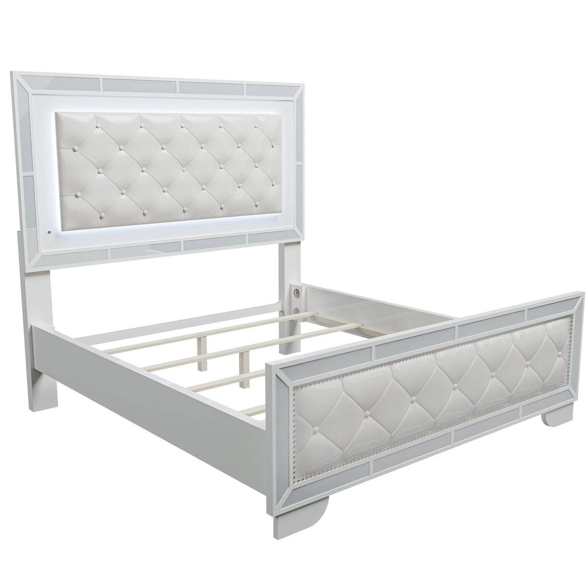 Eastern King Size Bed With LED Lights And Mirror Trim - Cream / Ivory