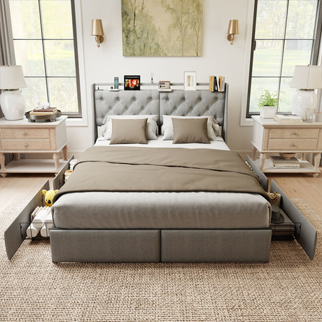Platform Bed Frame With RGB LED Lights, Charging Station, Storage Headboard & 4 Underbed Drawers