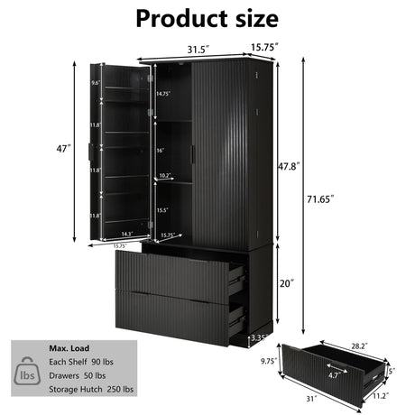 Fluted Kitchen Pantry Cabinet With 2 Large Drawers & 8 Door Spice Rack Freestanding Storage Organizer - Black