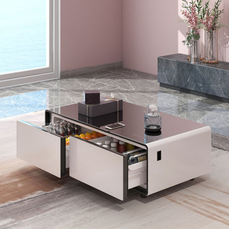 Modern Smart Coffee Table With Built-In Fridge, tooth Speaker, Wireless Charging Module, Touch Control Panel, Power Socket, USB Interface, Outlet Protection, Atmosphere Light