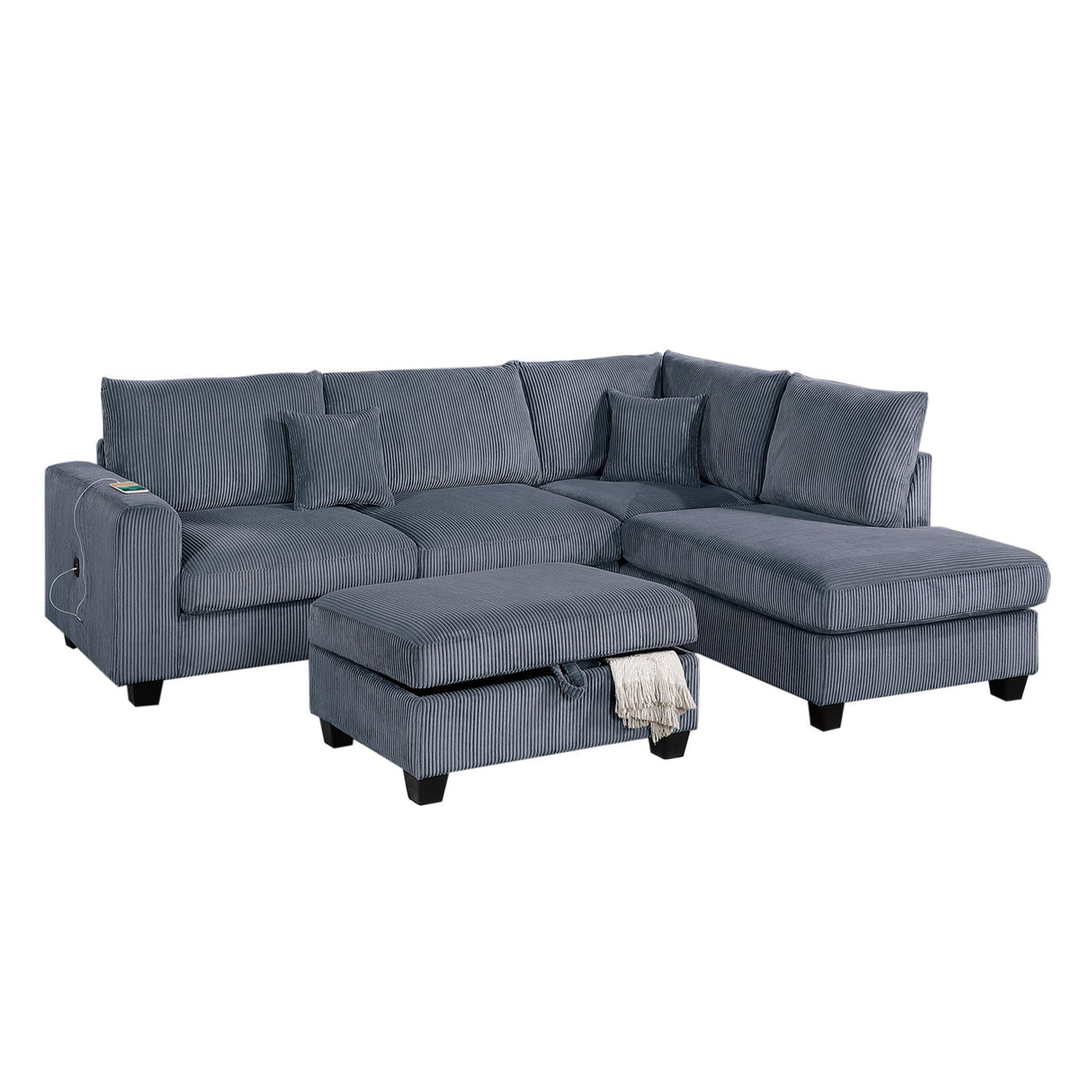 Modern Style Sectional Set With USB Port, Storage Ottoman