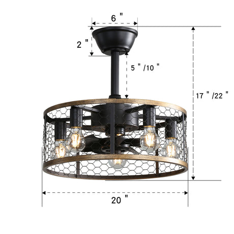 20" Industrial Cage Ceiling Fan With Remote Control, 7 Blades, DC Motor, 1H / 4H / 8H Timer - Black
