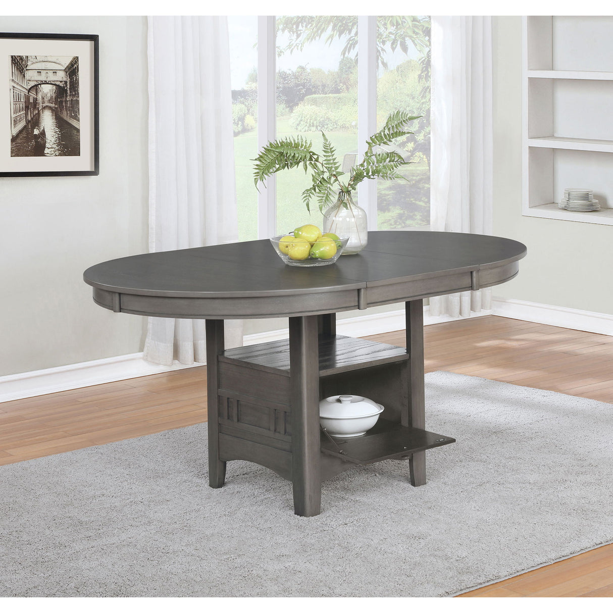 Lavon - Oval Extension Leaf Dining Table With Built In Storage - Gray