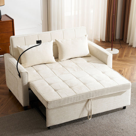 Pull-Out Sleeper Sofa With Reversible Backrest Cushion, Side Pockets, 2 USB Ports And A Phone Holder For Living Room