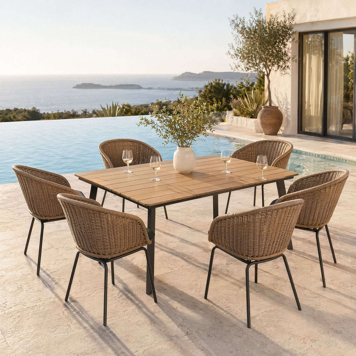 7 Piece Outdoor Patio Dining Set For 6, Conversation Set With Table & 6 Armchairs - Purple Pink Flower / Yellow