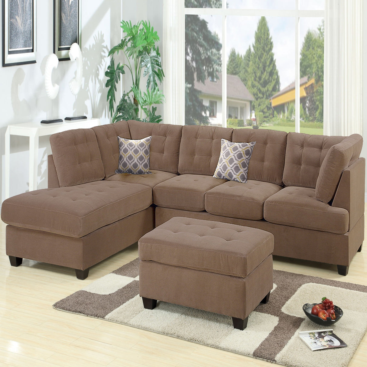 Truffle Waffle Suede Sectional Sofa With Tufted Cushions And Accent Pillows, Reversible Chaise - Neutral