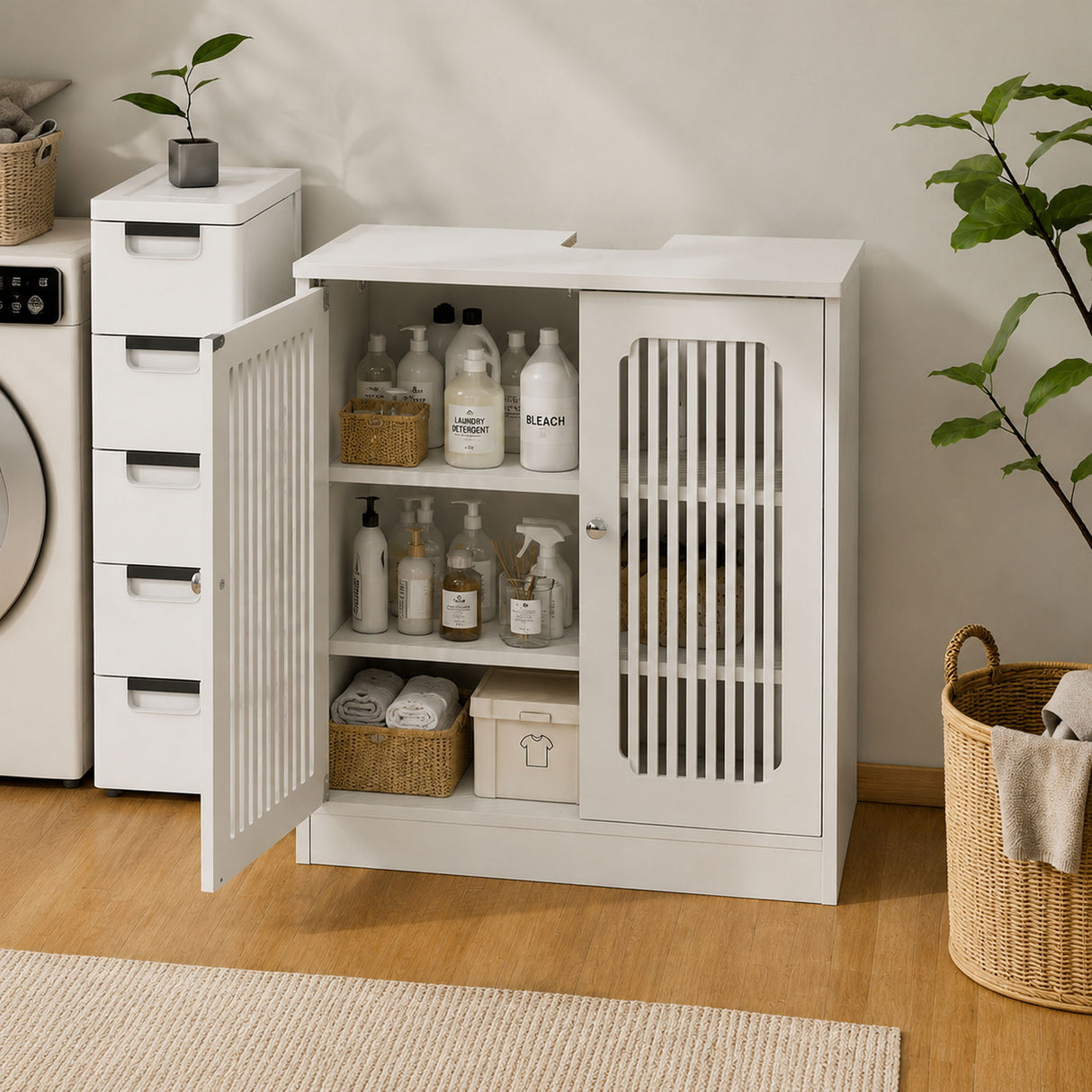 Louvered Double Door Floor Standing Bathroom Vanity Cabinet With Adjustable Shelf - White