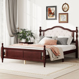 Pine Wooden Bed With Upholstered Headboard And Panel Footboard, With Two Bed Rail Support Feet And Central Platform Support Feet