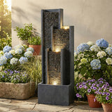 Outdoor Water Fountain With Cascading Waterfall And LED Lighting - Black