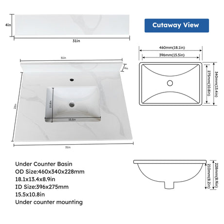 Bathroom Vanity Top With Undermount Single Bowl Sink