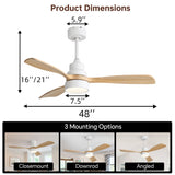 48" Ceiling Fan With Light, Dual Mount (Flush / Downrod), Dimmable LED, Quiet DC Motor, 3 Blades