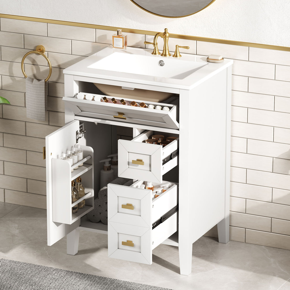 Bathroom Vanity With Sink, 3 Drawers & Cabinet With 2 Tier Door Storage Rack, Soft Close Doors & Drawers