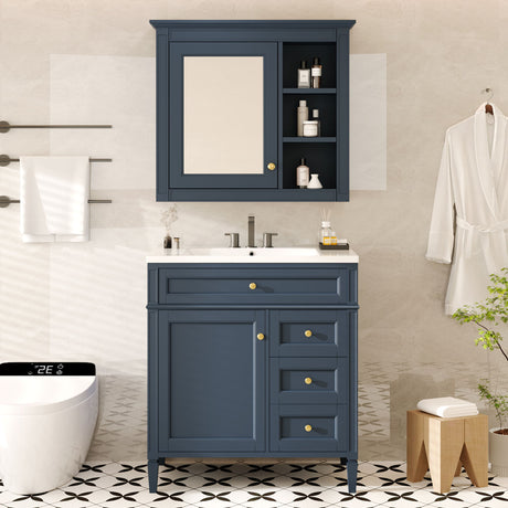 Bathroom Vanity With Top Sink, 2 Doors And 3 Drawers, Freestanding Set With Mirror Cabinet