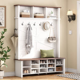 4 In 1 Hall Tree With 6 Hooks, Entryway Bench With Adjustable Shelves - White