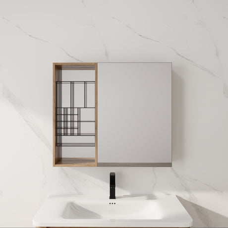 Wall Mounted Bathroom Mirror Cabinet With Adjustable Shelves - Imitative Oak