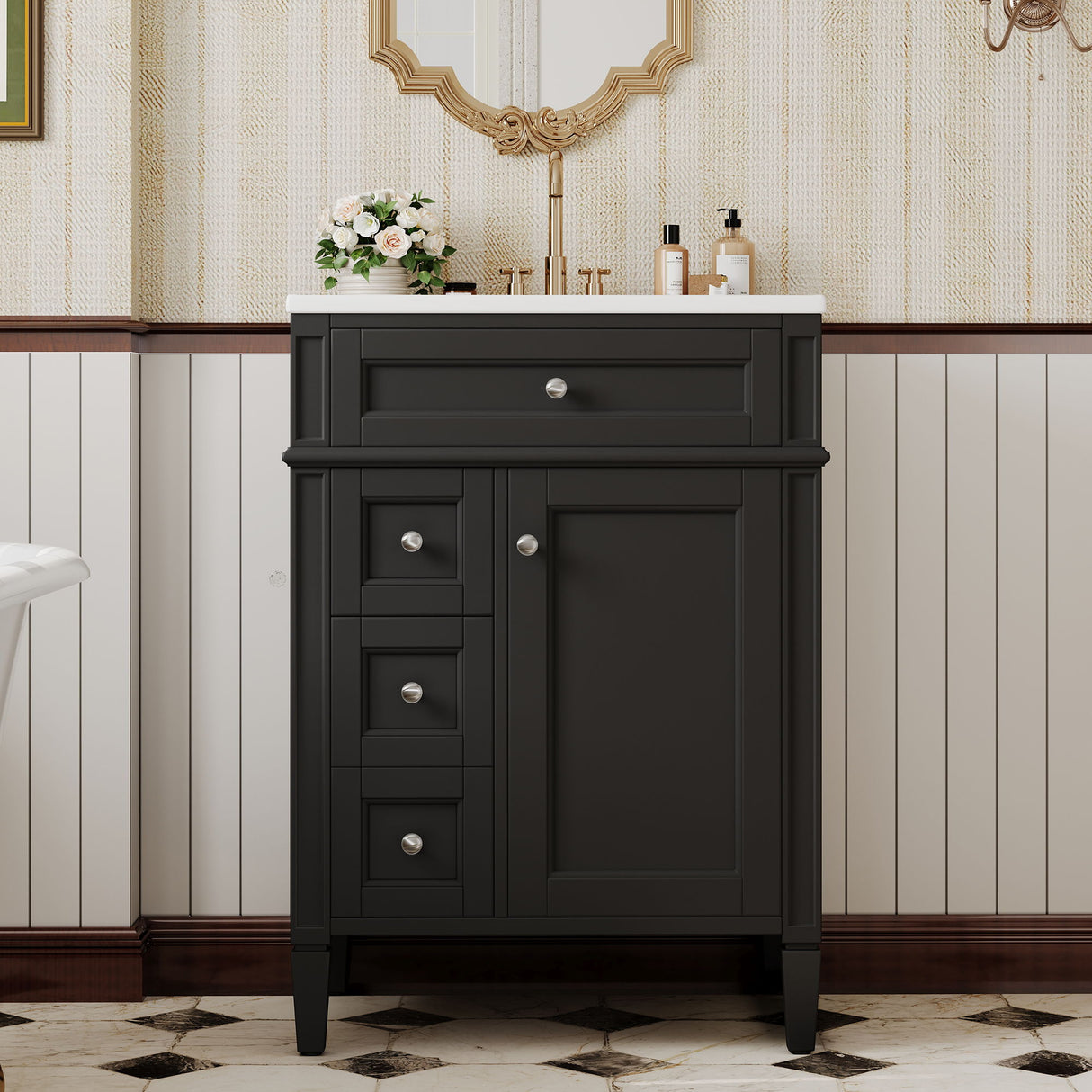 Bathroom Vanity With Top Sink, Storage Cabinet With 2 Drawers And Tip-Out Drawer