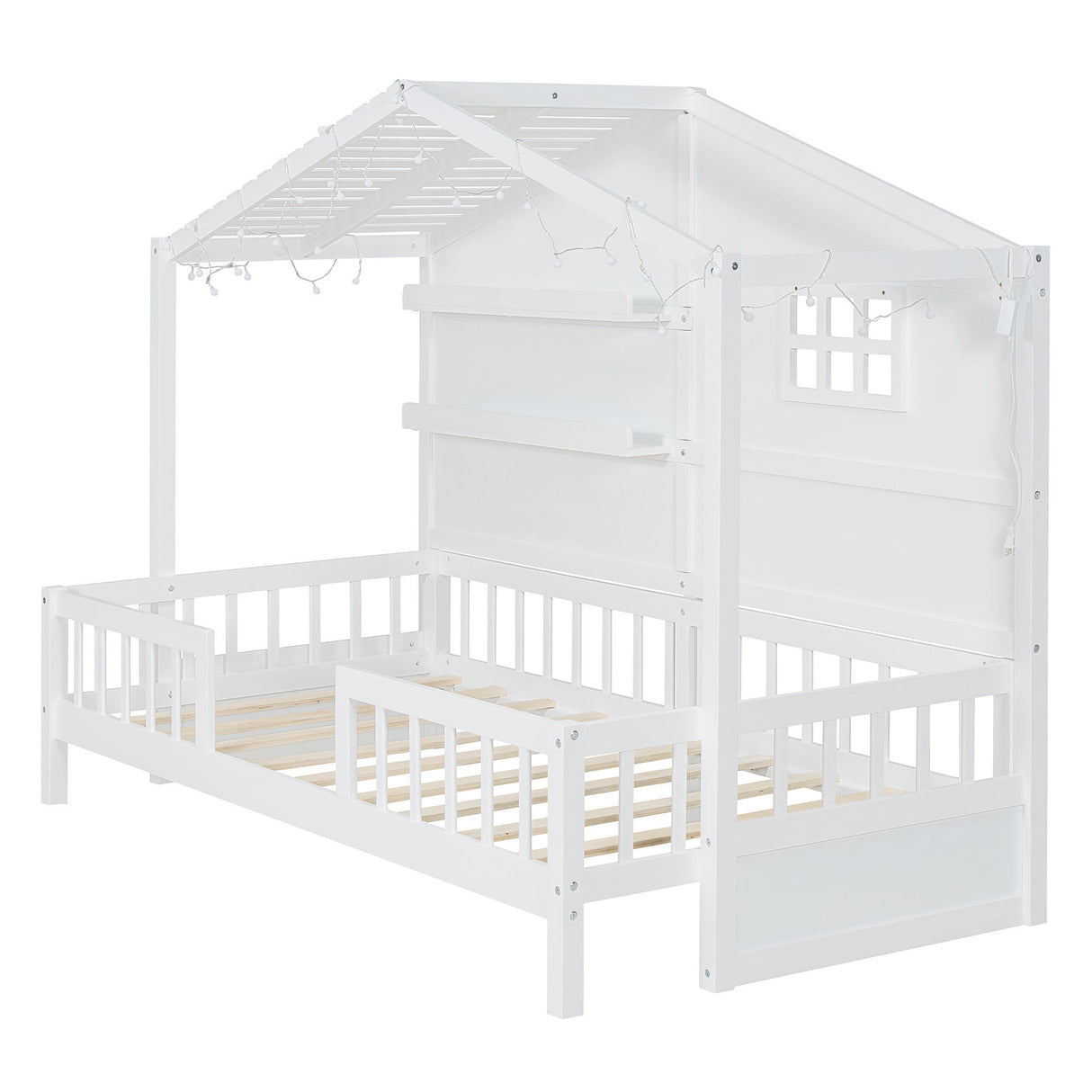 House Bed With Shelves, Window And Sparkling Light Strip On The Roof