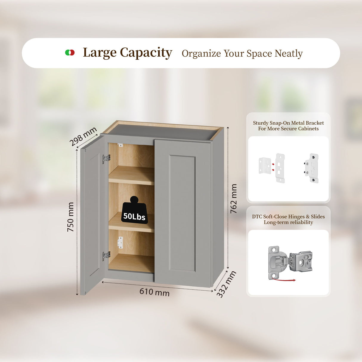 Shaker Wall Cabinet With Soft-Close Doors, Adjustable Shelves