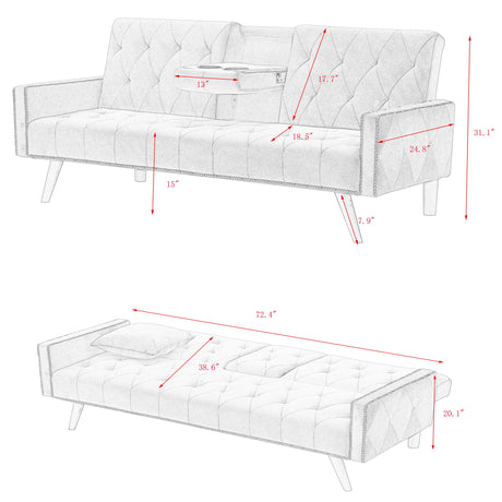 Sofa Bed With Nail Head Trim And Cup Holders - Pink