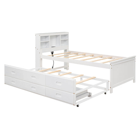 Platform Bed With Storage Headboard, USB, Trundle And 3 Drawers