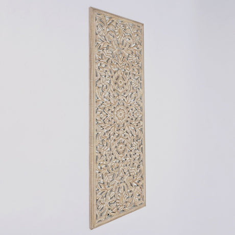 Floral Hand Carved Mandala Rectangle Wall Decor With Mirror - Antique Brown / White