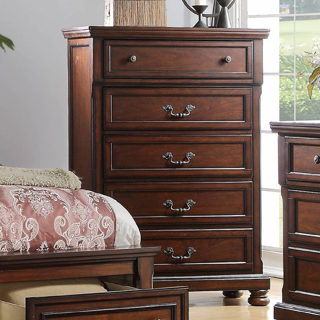 1 Piece Chest Bun Feet Pull Handles Round Knobs Bedroom Furniture - Cherry