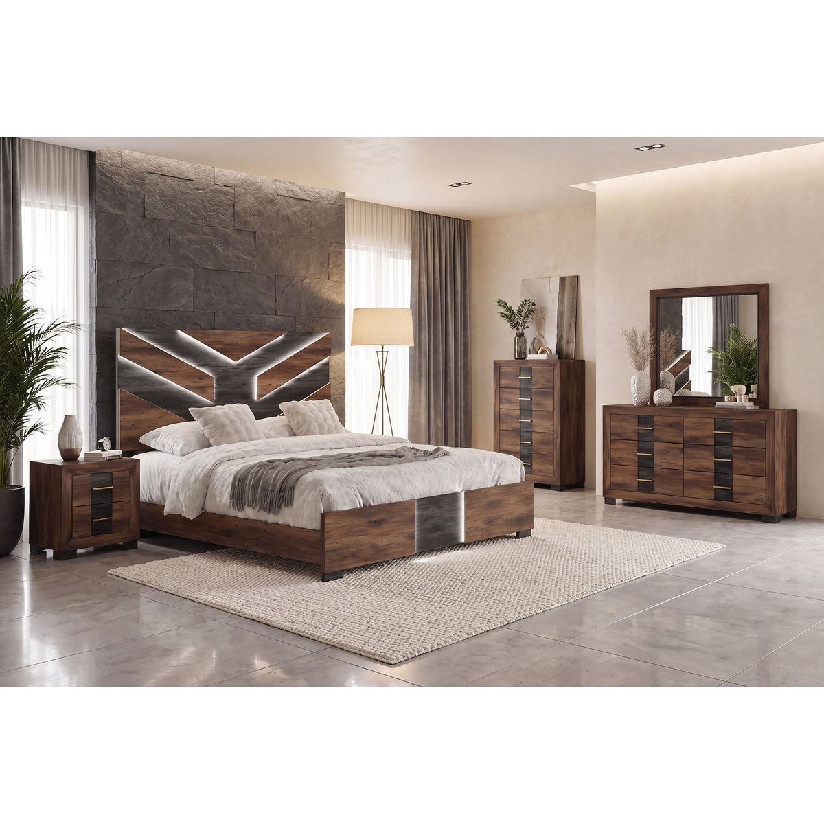 Prime - 5 Piece Bedroom Set With LED Headboard