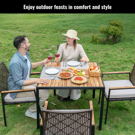 5 Piece Patio Dining Table Set, Acacia Wood Table Top With Umbrella Hole