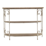 3 Tiered Wooden Shelving Unit With Ornate Iron Frame - Multicolor