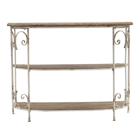 3 Tiered Wooden Shelving Unit With Ornate Iron Frame - Multicolor