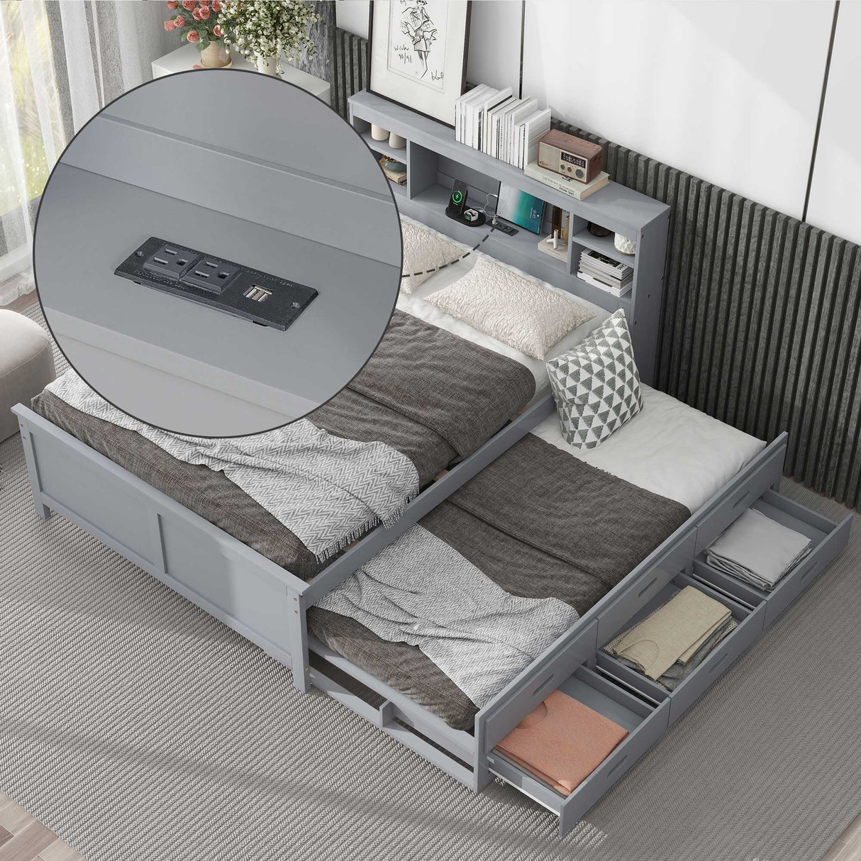 Platform Bed With Storage Headboard, USB, Trundle And 3 Drawers