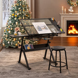 Adjustable Tempered Glass Drafting Printing Table With Chair