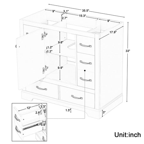 Modern Bathroom Vanity Base Only, 6 Drawer Storage With Adjustable Shelf