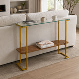 Console Table With Shelf, 2 Tier Living Room - Gold / Walnut